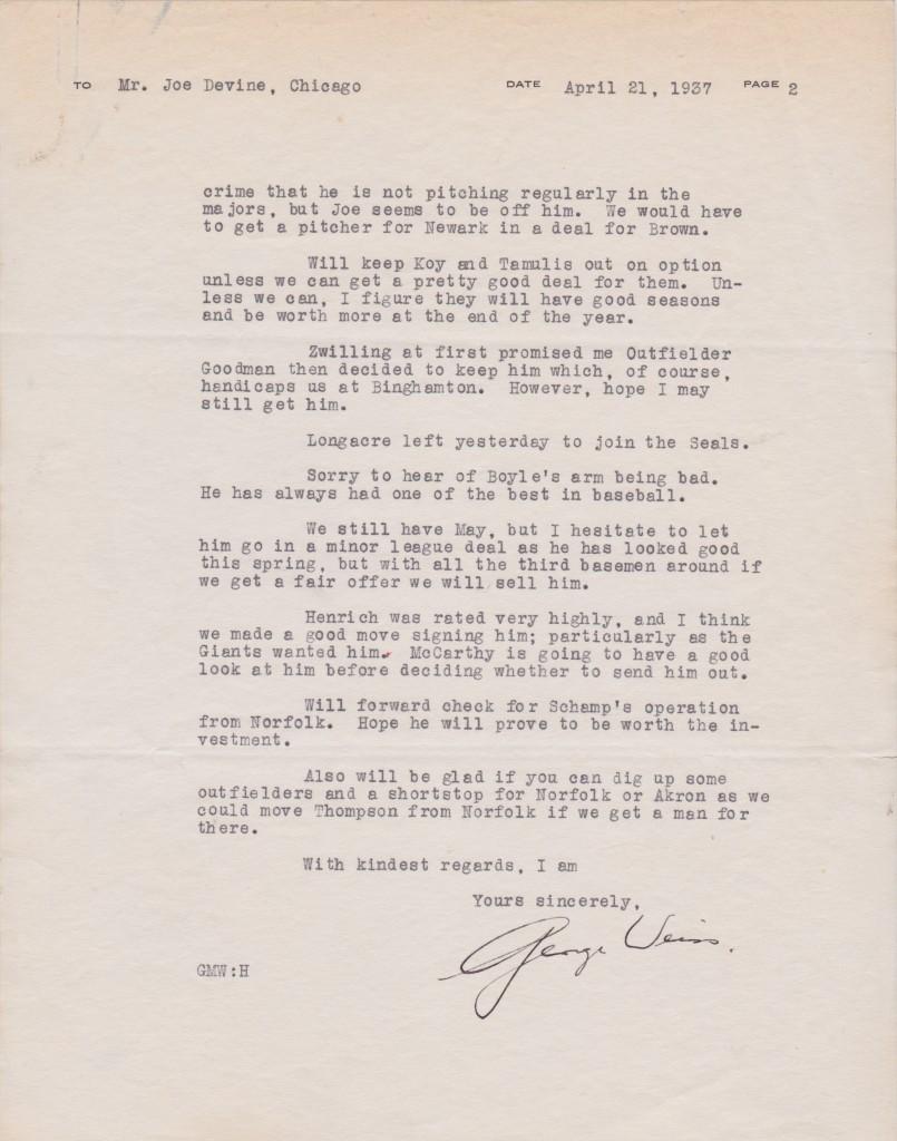 In the second page of the letter Weiss mentions AL MVP Spud Chandler and Yankee legend Tommy Henrich