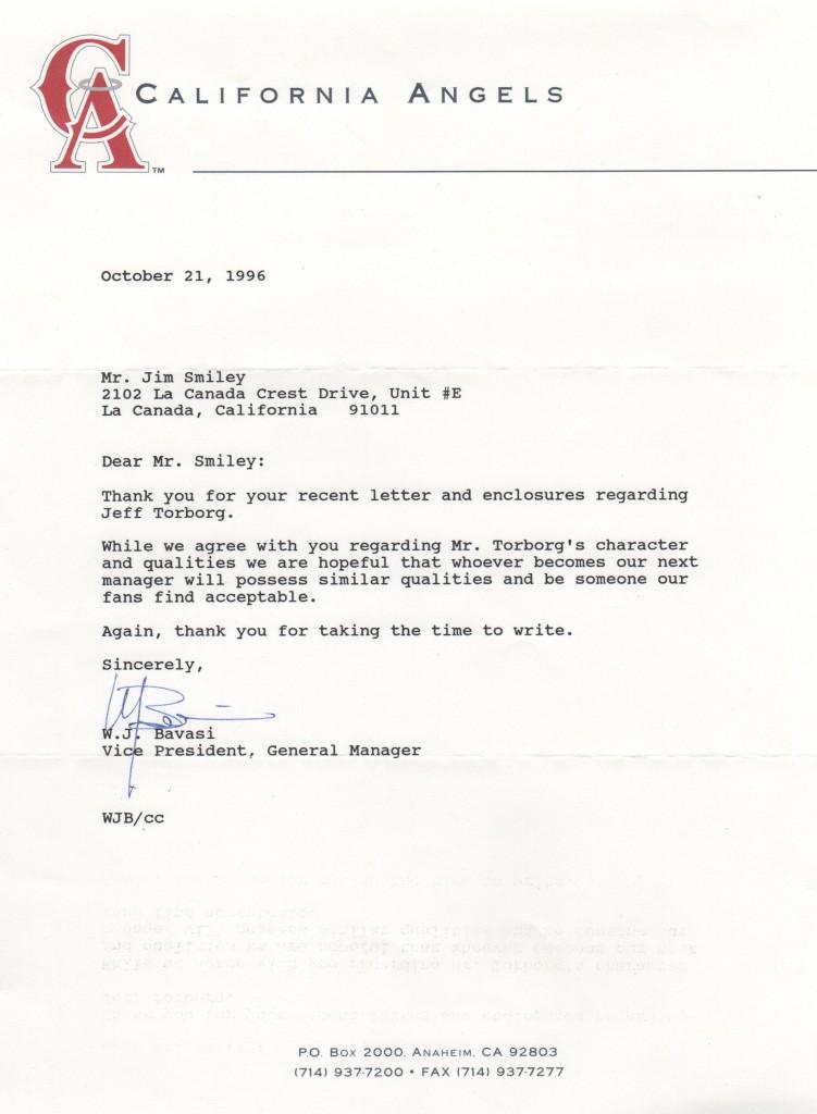 Buzzie's son Bill Bavasi served as Angels General Manager - here's a letter from him