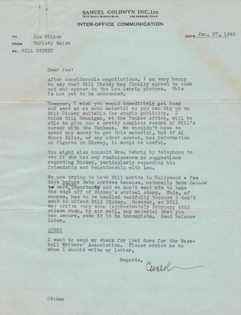 The Bambino's agent writes about Ruth and Bill Dickey appearing in Pride of the Yankees