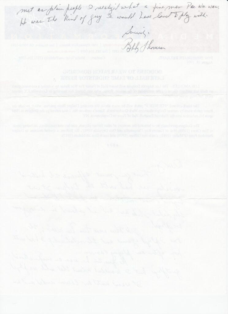 The Giants Bobby Thomson finishes his letter with thoughts on rival Pee Wee Reese