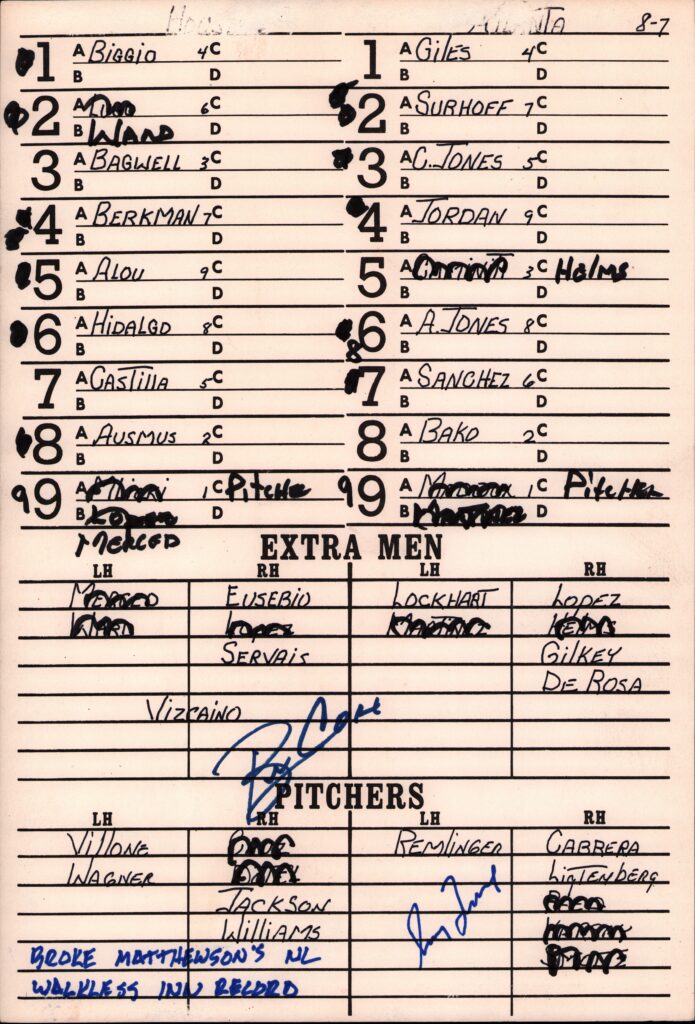 Christy Mathewson's 88-year old record was surpassed by Greg Maddux; here's the lineup card from the dugout