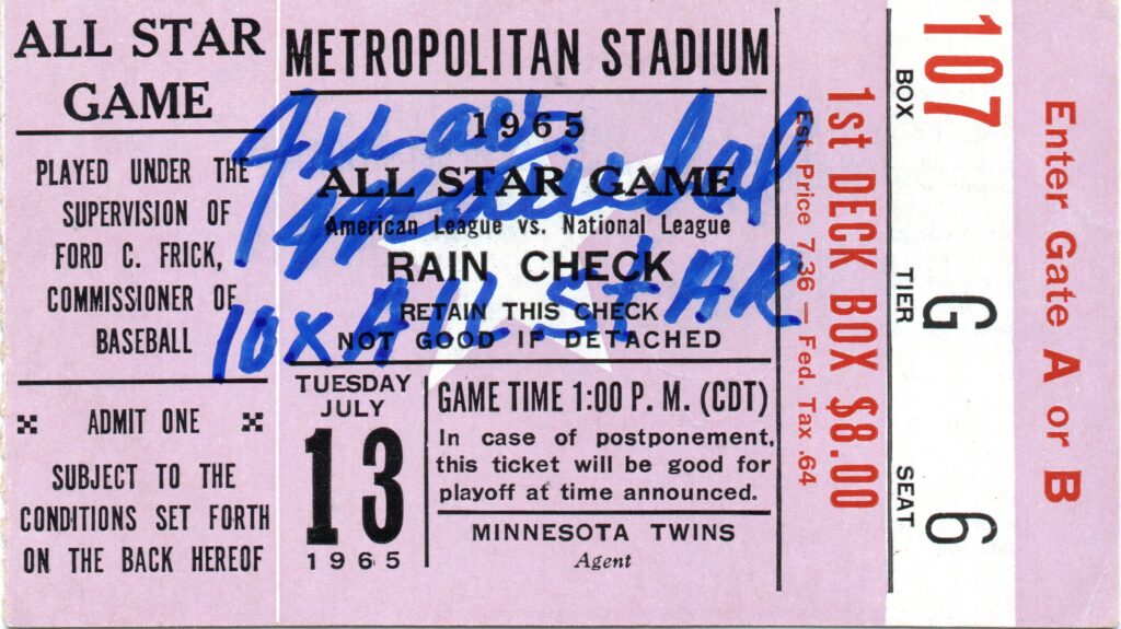 The MVP of the 1965 Mid Summer Classic, Marichal went 2-0 with an 0.50 ERA in 18 All Star innings