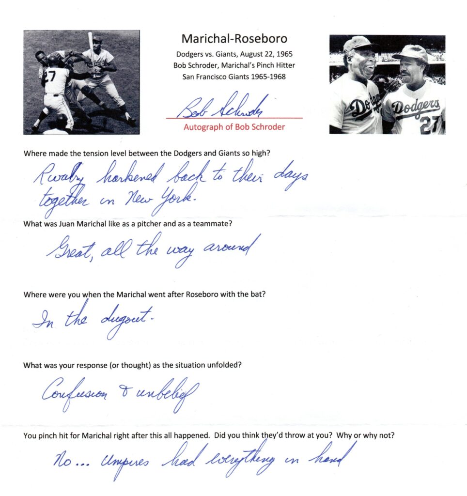 After Marichal was ejected, Bob Schroeder pinch hit for him against Sandy Koufax